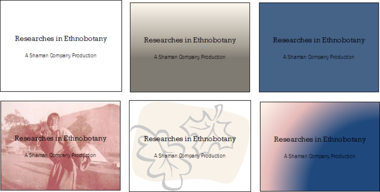 Figure 3-2: Examples of background styles (clockwise from upper-left): plain style, gradient, solid color, customized radial gradient, clip art, and picture.